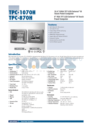 TPC-1070H-WMKE datasheet - 10.4 SVGA TFT LCD Celeron^ M Touch Panel Computer