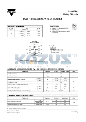 SI1903DL-T1 datasheet - Dual P-Channel 2.5-V (G-S) MOSFET