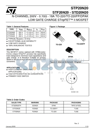 STD20N20T4 datasheet - N-CHANNEL 200V - 0.10 OHM - 18A TO-220/TO-220FP/DPAK LOW GATE CHARGE STripFET II MOSFET