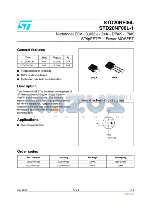 STD20NF06L-1 datasheet - N-channel 60V - 0.032OHM - 24A - DPAK - IPAK STripFET II Power MOSFET