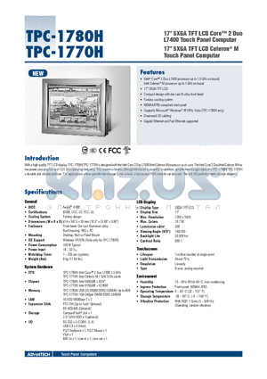 TPC-1770H datasheet - 17 SXGA TFT LCD Core 2 Duo L7400 Touch Panel Computer