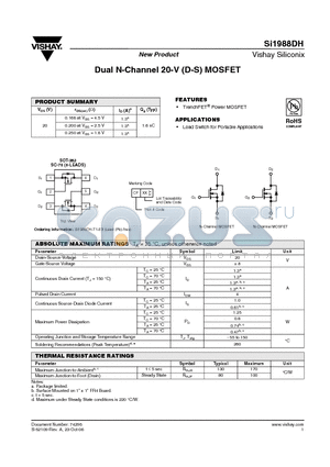 SI1988DH-T1-E3 datasheet - Dual N-Channel 20-V (D-S) MOSFET