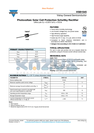VSB1545-M3-54 datasheet - Photovoltaic Solar Cell Protection Schottky Rectifier