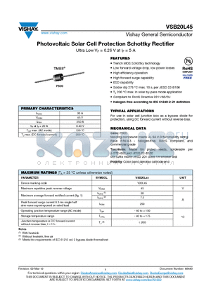 VSB20L45-M3/54 datasheet - Photovoltaic Solar Cell Protection Schottky Rectifier