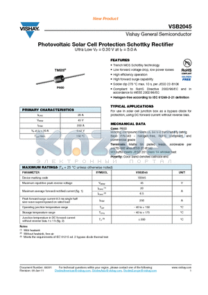 VSB2045-M3-73 datasheet - Photovoltaic Solar Cell Protection Schottky Rectifier