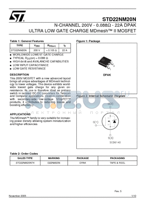 STD22NM20N_05 datasheet - N-CHANNEL 200V - 0.088Y - 22A DPAK ULTRA LOW GATE CHARGE MDmesh II MOSFET