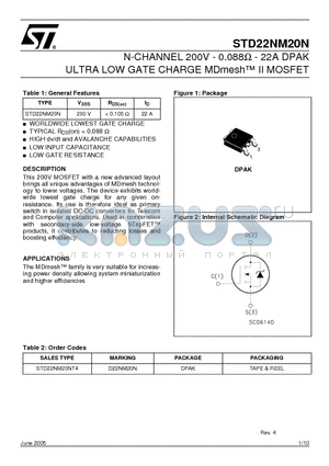 STD22NM20NT4 datasheet - N-CHANNEL 200V - 0.088ohm - 22A DPAK ULTRA LOW GATE CHARGE MDmesh II MOSFET