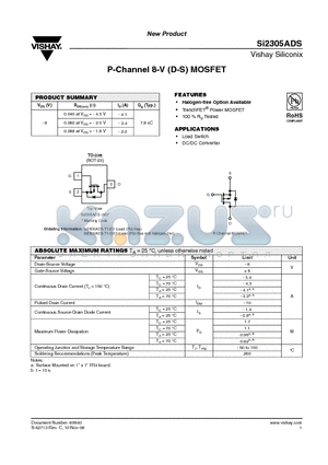 SI2305ADS-T1-E3 datasheet - P-Channel 8-V (D-S) MOSFET