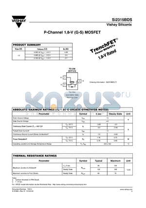 SI2315BDS datasheet - P-Channel 1.8-V (G-S) MOSFET