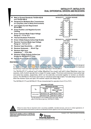 SN75ALS1178NSLE datasheet - DUAL DIFFERENTIAL DRIVERS AND RECEIVERS