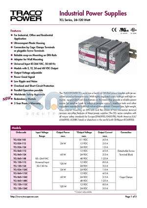 TCL datasheet - Industrial Power Supplies ( TCL Series, 24 - 120 Watt)