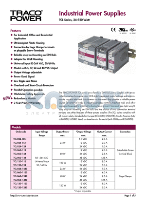TCL060-124 datasheet - Industrial Power Supplies ( TCL Series, 24 - 120 Watt)