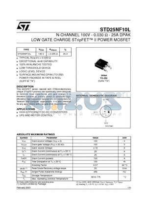 STD25NF10L datasheet - N-CHANNEL 100V - 0.030 ohm - 25A DPAK LOW GATE CHARGE STripFET II POWER MOSFET