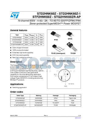 STD2HNK60Z datasheet - N-channel 600V - 4.4Y - 2A - TO-92/TO-220FP/DPAK/IPAK Zener-protected SuperMESH Power MOSFET