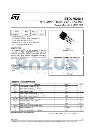 STD2NC40-1 datasheet - N-CHANNEL 400V - 4.7ohm - 1.5A IPAK PowerMeshII MOSFET