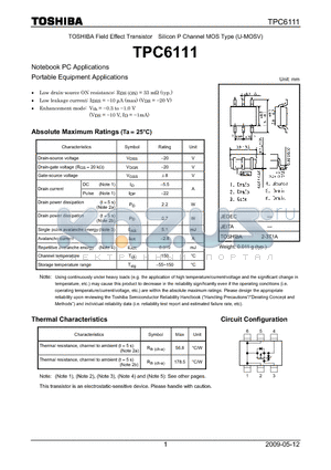 TPC6111 datasheet - Field Effect Transistor Silicon P Channel MOS Type (U-MOSV)