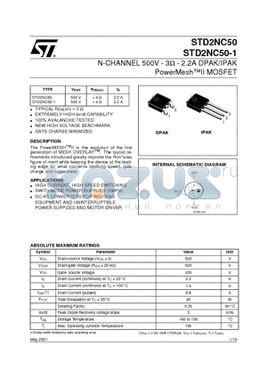 STD2NC50 datasheet - N-CHANNEL 500V - 3ohm - 2.2A DPAK/IPAK PowerMeshII MOSFET