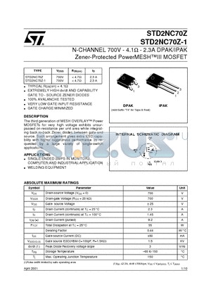 STD2NC70Z datasheet - N-CHANNEL 700V - 4.1ohm - 2.3A DPAK/IPAK Zener-Protected PowerMESHIII MOSFET