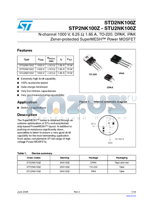 STD2NK100Z datasheet - N-channel 1000 V, 6.25 Y, 1.85 A, TO-220, DPAK, IPAK Zener-protected SuperMESH Power MOSFET