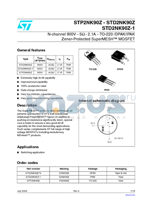 STD2NK90Z datasheet - N-channel 900V - 5Y - 2.1A - TO-220 /DPAK/IPAK Zener-Protected SuperMESH MOSFET
