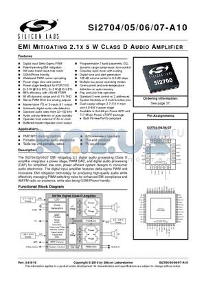 SI2706-A10 datasheet - EMI MITIGATING 2.1X 5 W CLASS D AUDIO AMPLIFIER