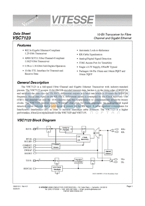VSC7123 datasheet - 10-Bit Transceiver for Fibre Channel and Gigabit Ethernet