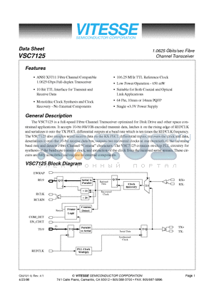 VSC7125QN datasheet - 1.0625 Gbits/sec Fibre Channel Transceiver