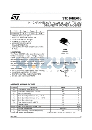 STD30NE06L datasheet - N - CHANNEL 60V - 0.025 ohm - 30A TO-252 STripFET POWER MOSFET