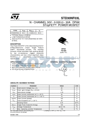 STD30NF03L datasheet - N - CHANNEL 30V - 0.020 ohm - 30A DPAK STripFET POWER MOSFET