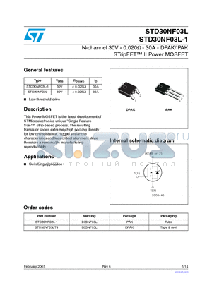 STD30NF03L-1 datasheet - N-channel 30V - 0.020ohm - 30A - DPAK/IPAK STripFET TM II Power MOSFET