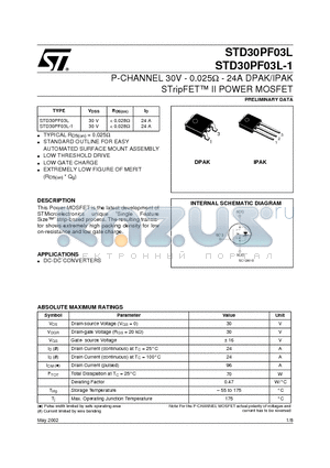 STD30PF03L datasheet - P-CHANNEL 30V - 0.025ohm - 24A DPAK/IPAK STripFET II POWER MOSFET