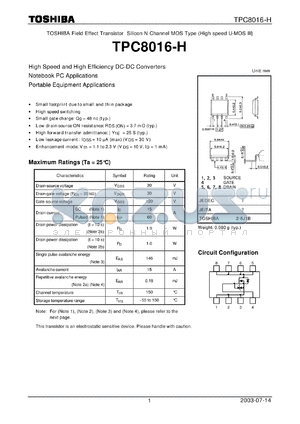 TPC8016-H datasheet - TOSHIBA Field Effect Transistor Silicon N Channel MOS Type (High speed U-MOS III)