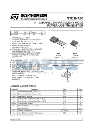 STD2NA60 datasheet - N - CHANNEL ENHANCEMENT MODE POWER MOS TRANSISTOR