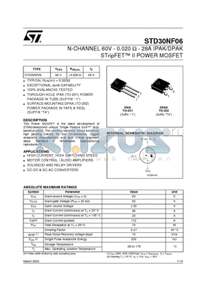 STD30NF06 datasheet - N-CHANNEL 60V - 0.020 ohm - 28A IPAK/DPAK STripFET II POWER MOSFET