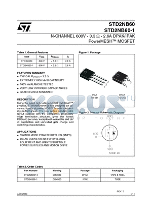 STD2NB60-1 datasheet - N-CHANNEL 600V - 3.3OHM - 2.6A DPAK/IPAK PowerMESHTM MOSFET