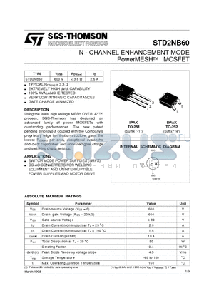 STD2NB60 datasheet - N - CHANNEL ENHANCEMENT MODE PowerMESH MOSFET