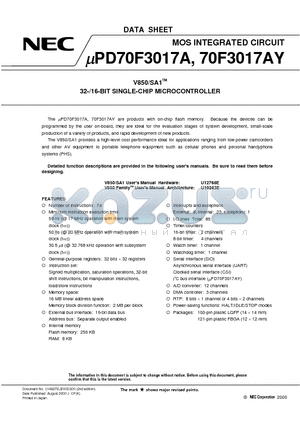 UPD70F3017A datasheet - V850/SA1TM 32-/16-BIT SINGLE-CHIP MICROCONTROLLER