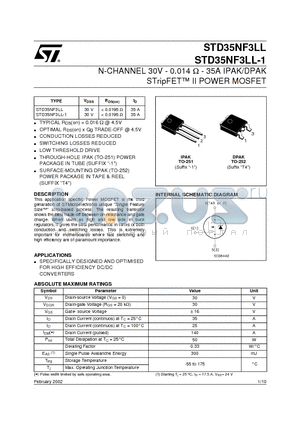 STD35NF3LL-1 datasheet - N-CHANNEL 30V - 0.014 ohm - 35A IPAK/DPAK STripFET II POWER MOSFET