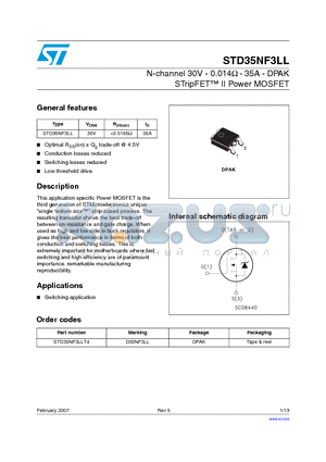 STD35NF3LLT4 datasheet - N-channel 30V - 0.014ohm - 35A - DPAK STripFET TM II Power MOSFET