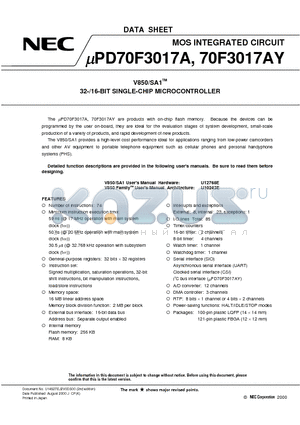 UPD70F3017AY datasheet - V850/SA1TM 32-/16-BIT SINGLE-CHIP MICROCONTROLLER