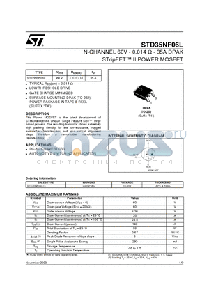 STD35NF06L datasheet - N-CHANNEL 60V - 0.014ohm - 35A DPAK STripFETII MOSFET