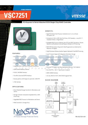VSC7251 datasheet - PCI-Express Serial Attached SCSI Single Chip RAID Controller