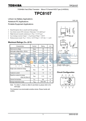 TPC8107 datasheet - TOSHIBA Field Effect Transistor Silicon P Channel MOS Type (U-MOSIII)