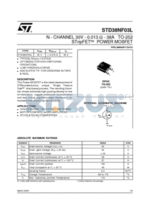 STD38NF03L datasheet - N - CHANNEL 30V - 0.013 ohm - 38A TO-252 STripFET POWER MOSFET