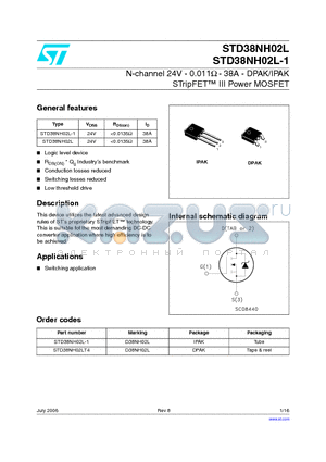 STD38NH02LT4 datasheet - N-channel 24V - 0.011ohm - 38A - DPAK/IPAK STripFET TM III Power MOSFET