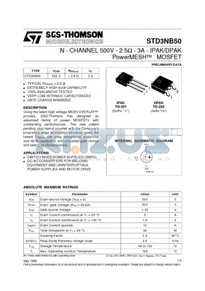 STD3NB50 datasheet - N - CHANNEL 500V - 2.5ohm - 3A - IPAK/DPAK PowerMESH  MOSFET