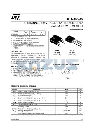 STD3NC50 datasheet - N - CHANNEL 500V - 2.4ohm - 3A TO-251/TO-252 PowerMESHII MOSFET