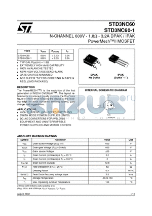 STD3NC60 datasheet - N-CHANNEL 600V - 1.8ohm - 3.2A DPAK / IPAK PowerMeshII MOSFET