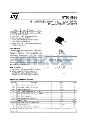 STD3NB30 datasheet - N - CHANNEL 300V - 1.8ohm - 3.2A - DPAK PowerMESH MOSFET