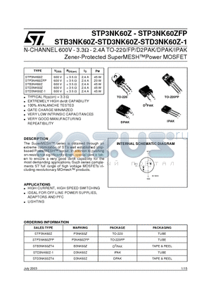 STD3NK60Z datasheet - N-CHANNEL 600V - 3.3ohm - 2.4A TO-220/FP/D2PAK/DPAK/IPAK Zener-Protected SuperMESHPower MOSFET